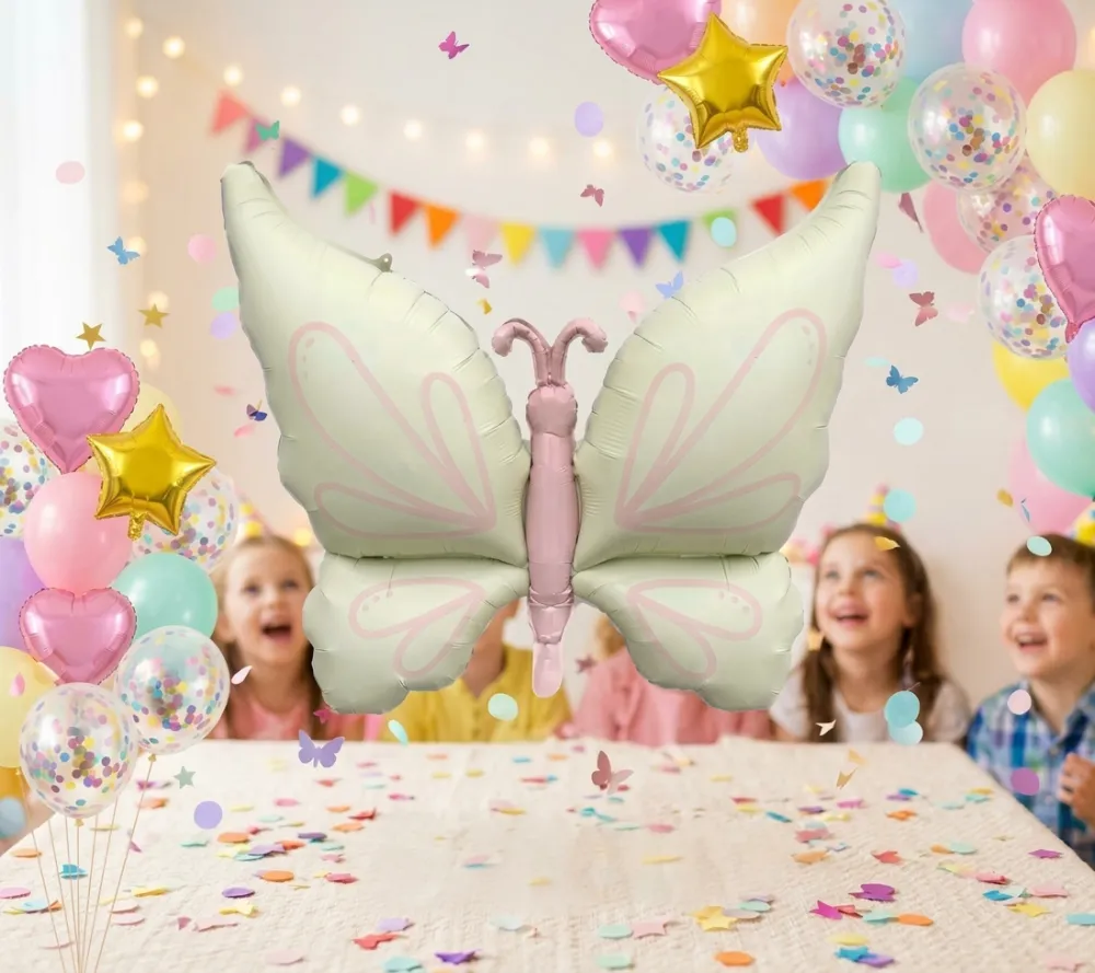 GLOBO METALICO EN FORMA DE MARIPOSA TONOS PASTELES CON 94X74.5CM