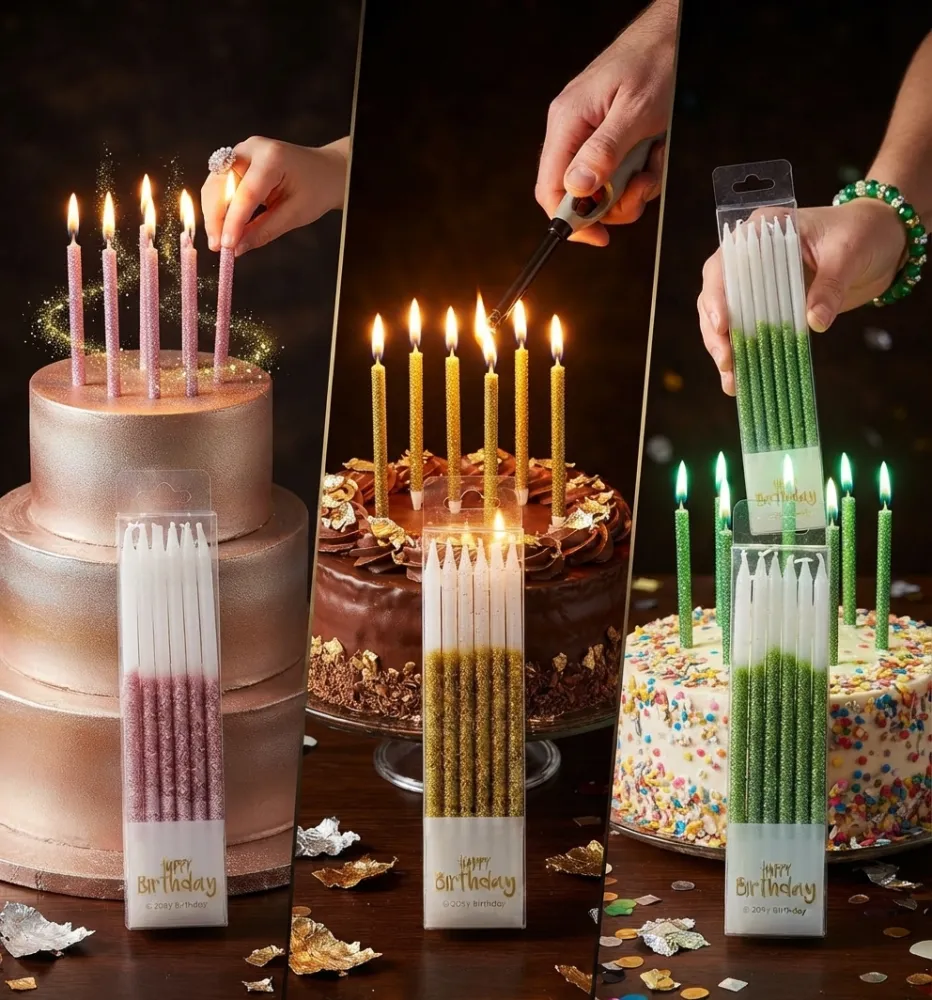 VELAS LARGAS Y DELGADAS CON BRILLOS EN TONOS ROSA, DORADO Y VERDE - DE 16CM DE ALTO