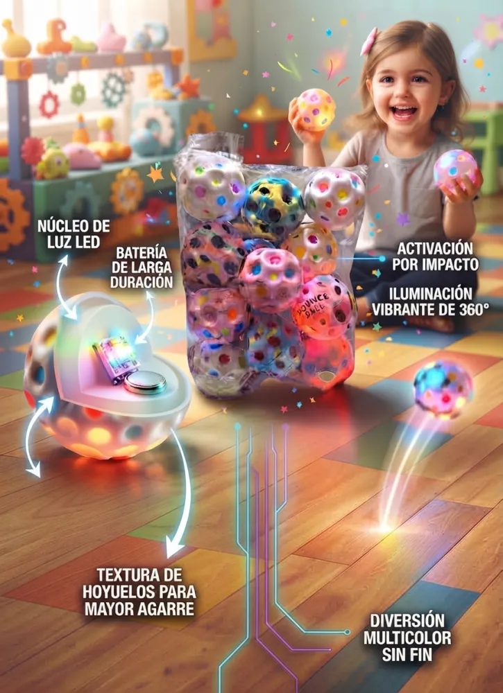 PELOTAS REBOTADORAS CON LUZ LED Y TEXTURA DE CRÁTERES LUNARES.