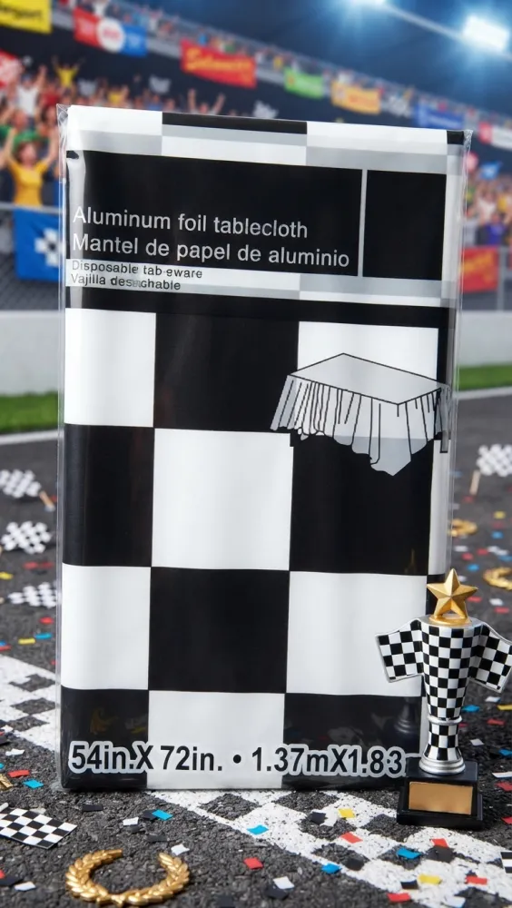 MANTEL DESECHABLE DE PAPEL DE ALUMINIO CON DISEÑO DE CUADROS EN BLANCO Y NEGRO