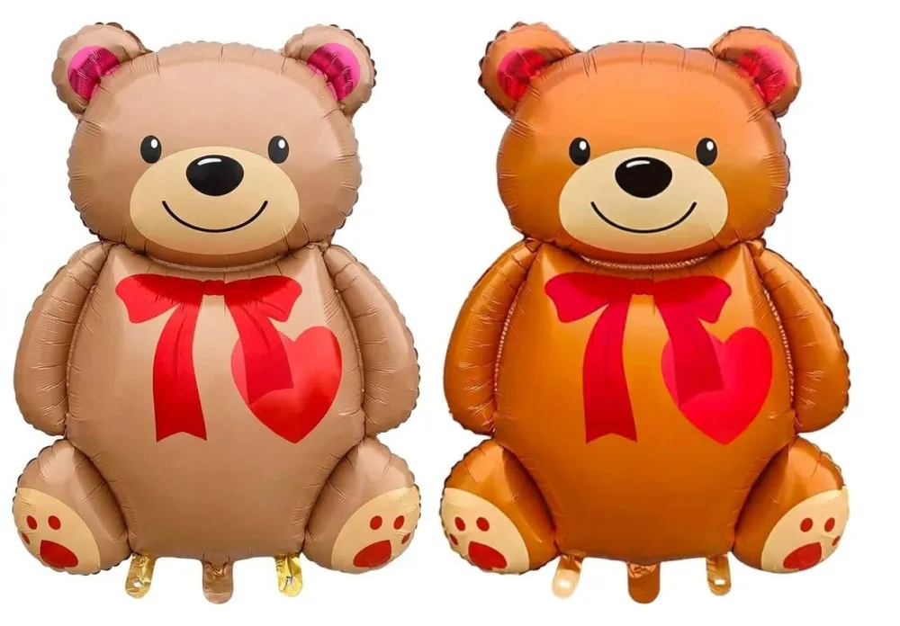 GLOBO METALICO CON FORMA DE OSITO DE PELUCHE MARRON, MOÑO ROJO Y CORAZON