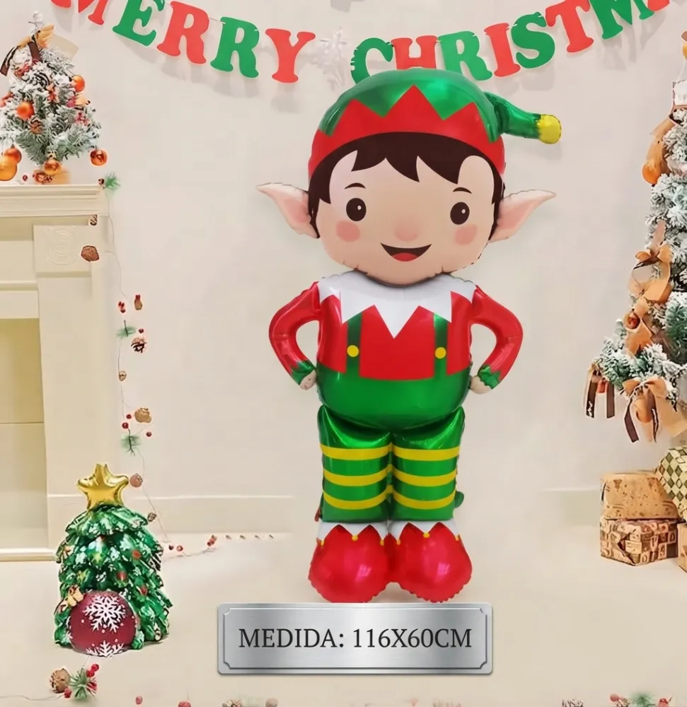 GLOBO METÁLICO CON FORMA DE ELFO O DUENDE NAVIDEÑO DE 116X60CM