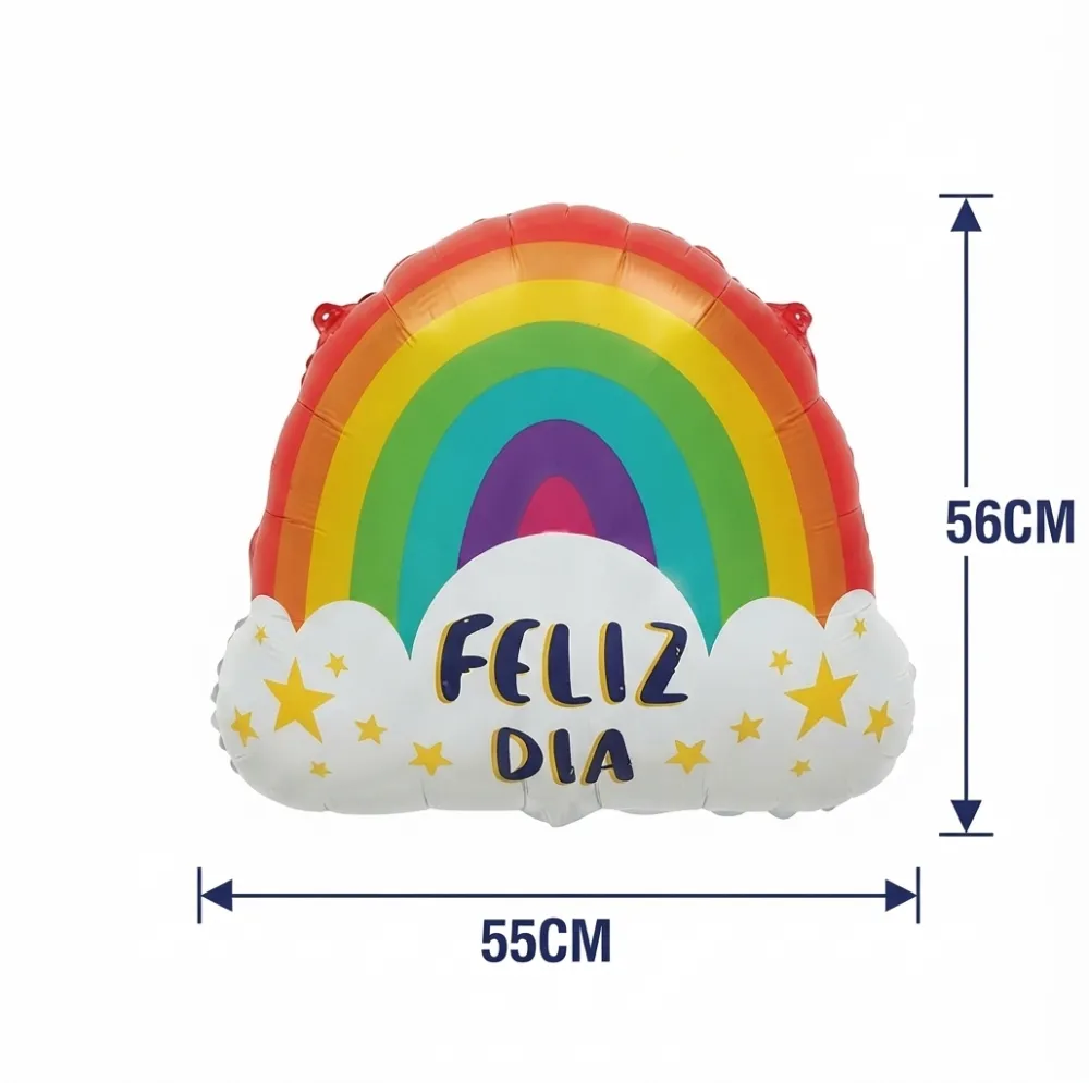 GLOBO METALICO CON FORMA DE ARCOIRIS CON NUBES Y LA FRASE "FELIZ DIA"