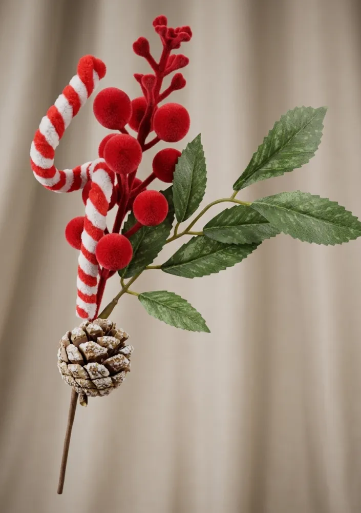 TALLO NAVIDEÑO DECORATIVO CON UN BASTÓN DE CARAMELO Y PIÑA DE PINO