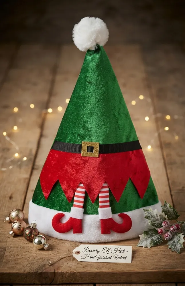 GORRO NAVIDEÑO DE ELFO CONFECCIONADO EN TERCIOPELO- 28X38CM