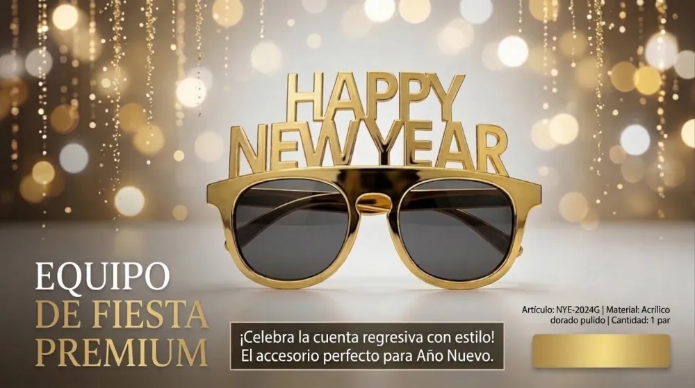 GAFAS DE FIESTA DORADAS CON EL MENSAJE "HAPPY NEW YEAR"