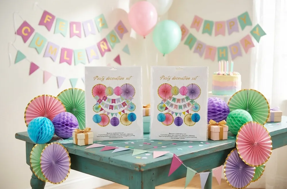 SET DE DECORACION PARA FIESTAS EN TONOS PASTEL   "FELIZ CUMPLEAÑOS" - "HAPPY BIRTHDAY"