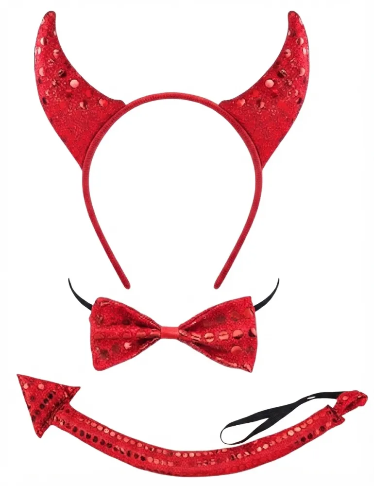 SET DE DIABLITO ROJO CON LENTEJUELAS MOÑO DIADEMA COLA GUI-829