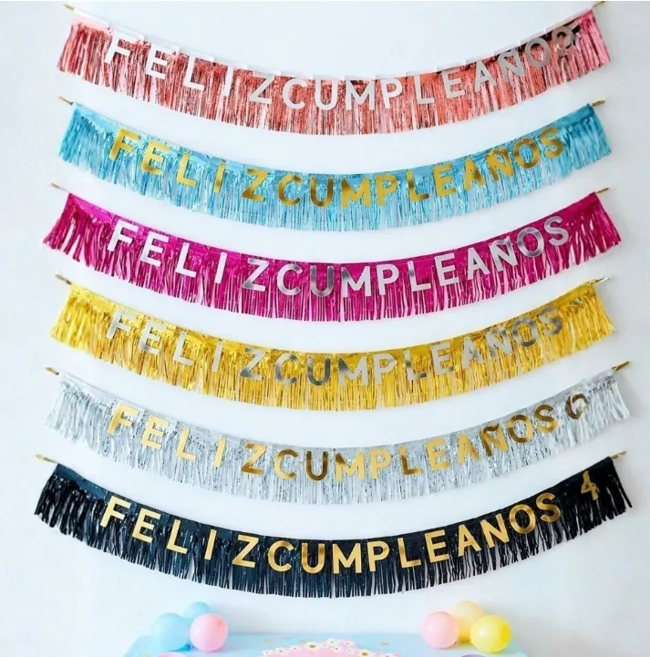  BANDERIN DE FLECOS METÁLICOS CON LETRAS DE "FELIZ CUMPLEAÑOS" EN ORO,PLATA,ROSA GLOD