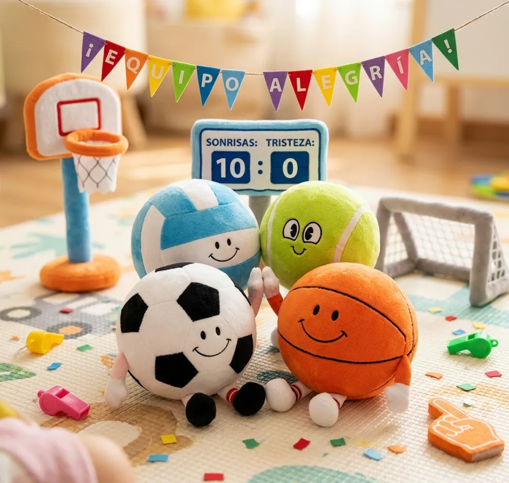 PELUCHES CON FORMA DE BALONES DEPORTIVOS CON CARAS SONRIENTES Y PEQUEÑAS PIERNAS (VOLEIBOL, TENIS, FUTBOL Y BALONCESTO) 9"INCH