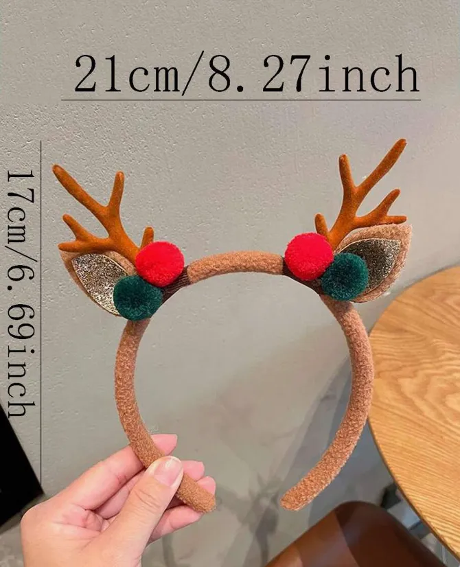 DIADEMA NAVIDEÑA CON CUERNOS DE RENO DECORADA CON POMPONES