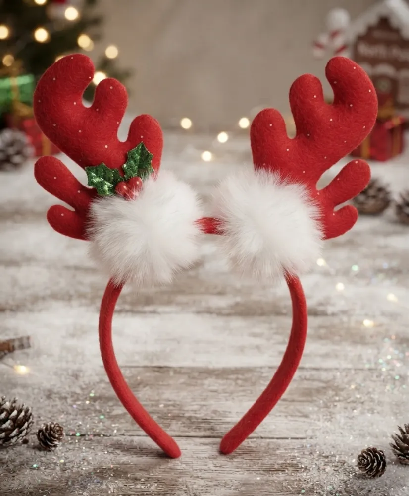 DIADEMA NAVIDEÑA DECORADA CON CUERNOS DE RENO ROJOS DE-55