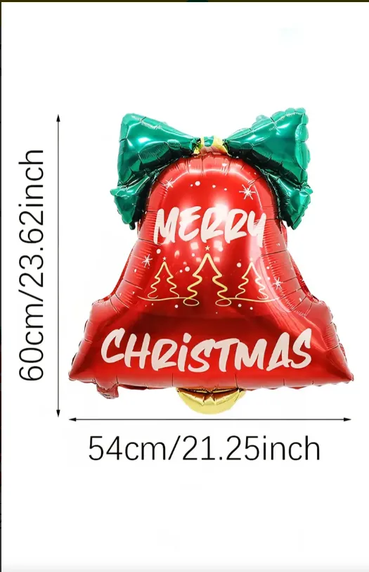 GLOBO METALICO CON FORMA DE CAMPANA NAVIDEÑA QUE DICE "MERRY CHRISTMAS"