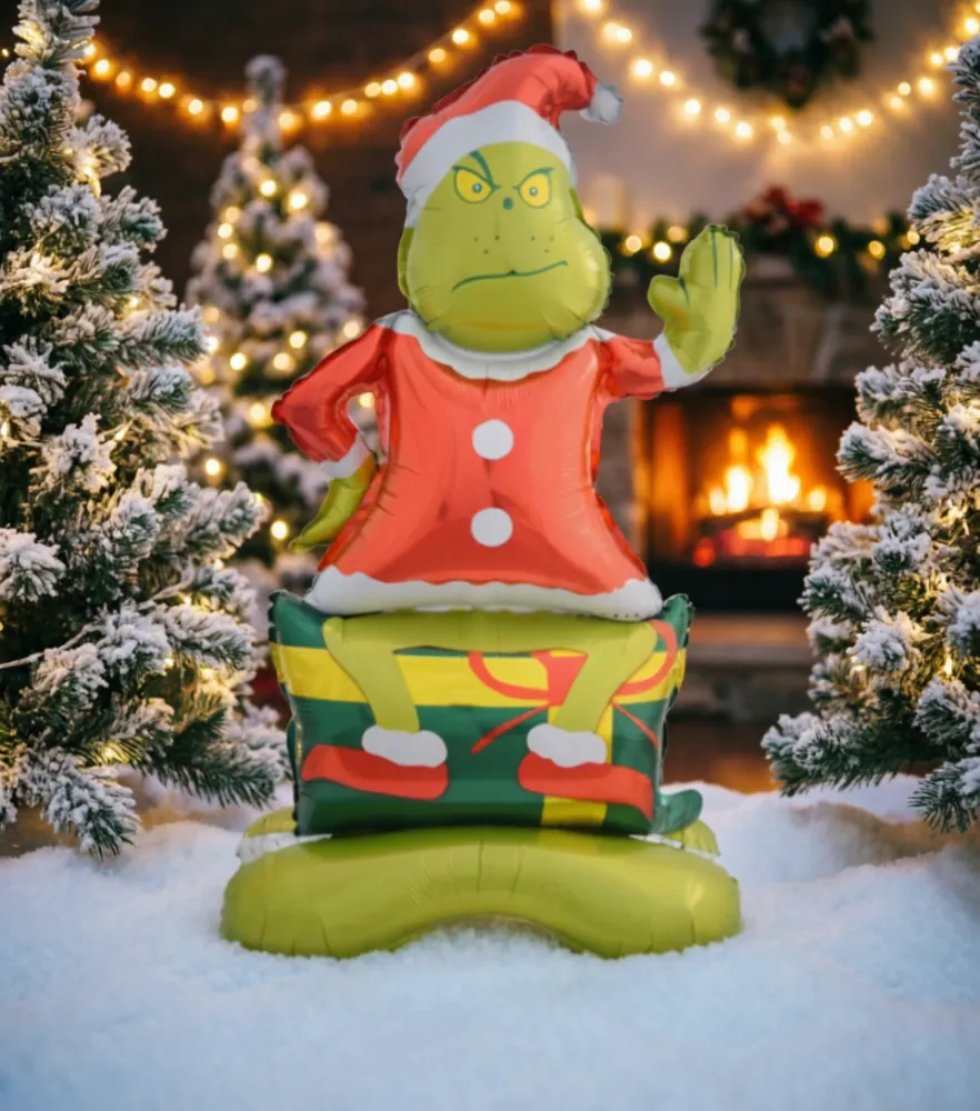 GLOBO METALIZADO CENTADO DEL GRINCH CON TEMÁTICA NAVIDEÑA DE 50"X90CM