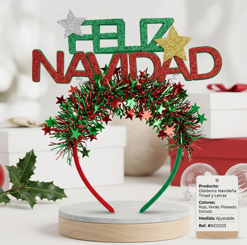 DIADEMA NAVIDEÑA "FELIZ NAVIDAD" EN COLOR ROJO BRILLANTE Y VERDE CON ADORNOS