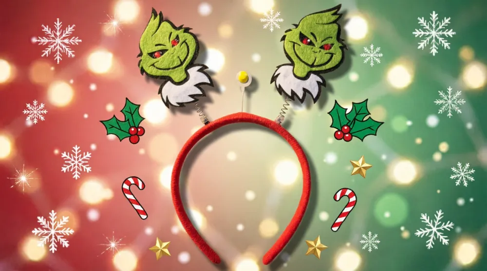 DIADEMA NAVIDEÑA DEL PERSONAJE EL GRINCH DECORADA CON RESORTES Y FIGURAS DE FIELTRO