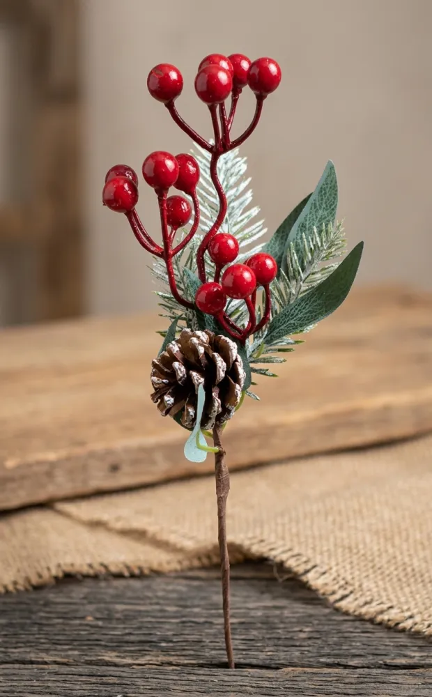 ADORNO FLORAL NAVIDEÑO TALLOS DE BAYAS ROJAS Y UNA PIÑA DE 28CM DE ALTO