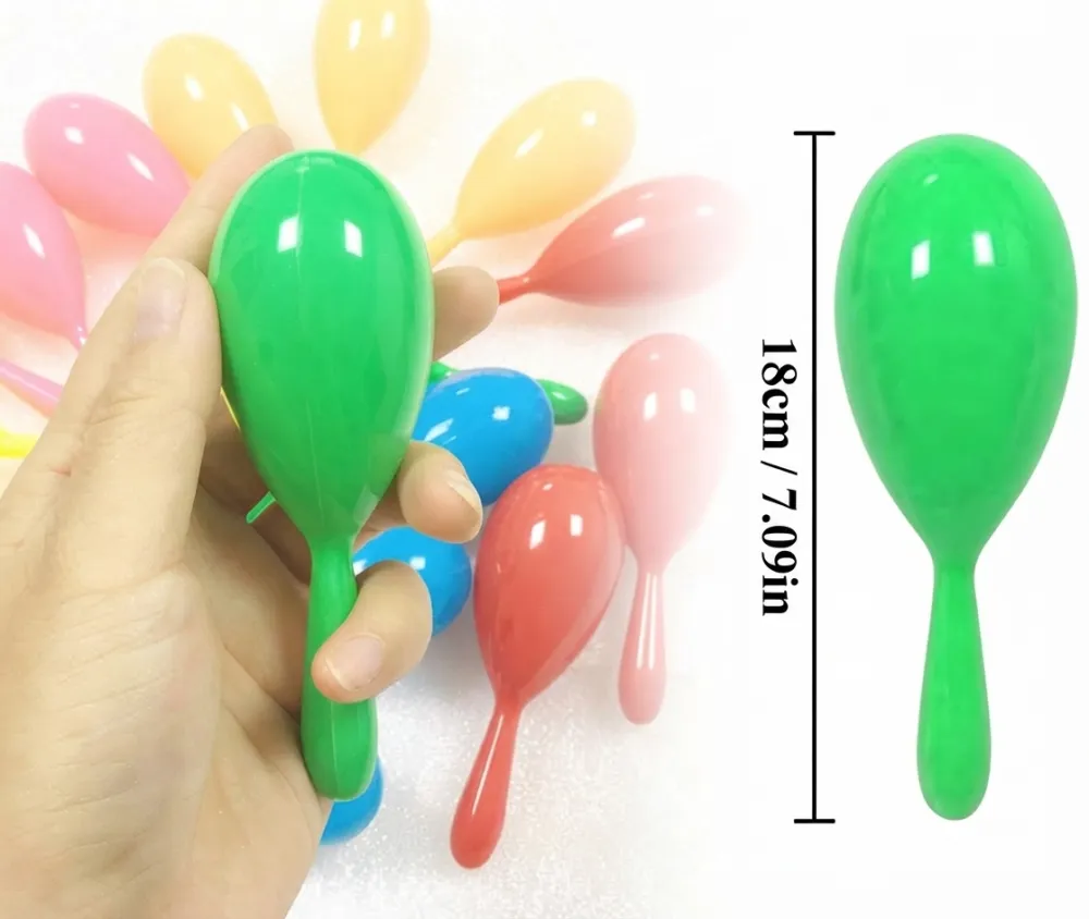 MARACAS DE PLÁSTICO EN COLORES NARANJA, ROJO, AMARILLO Y VERDE
