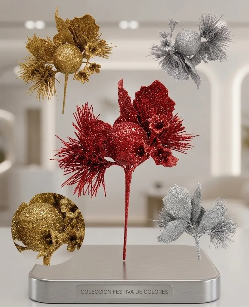  ADORNO NAVIDEÑO DE HOJAS ROJAS DIAMANTADAS