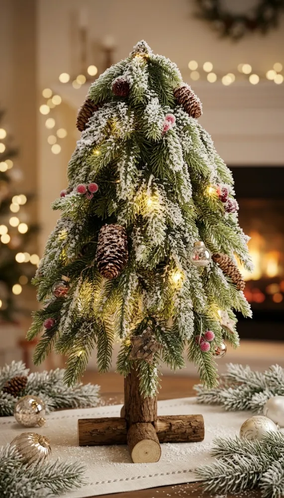 ÁRBOL LED DE NAVIDAD DE MESA CON BASE DE MADERA RÚSTICA- 60CM DE ALTO