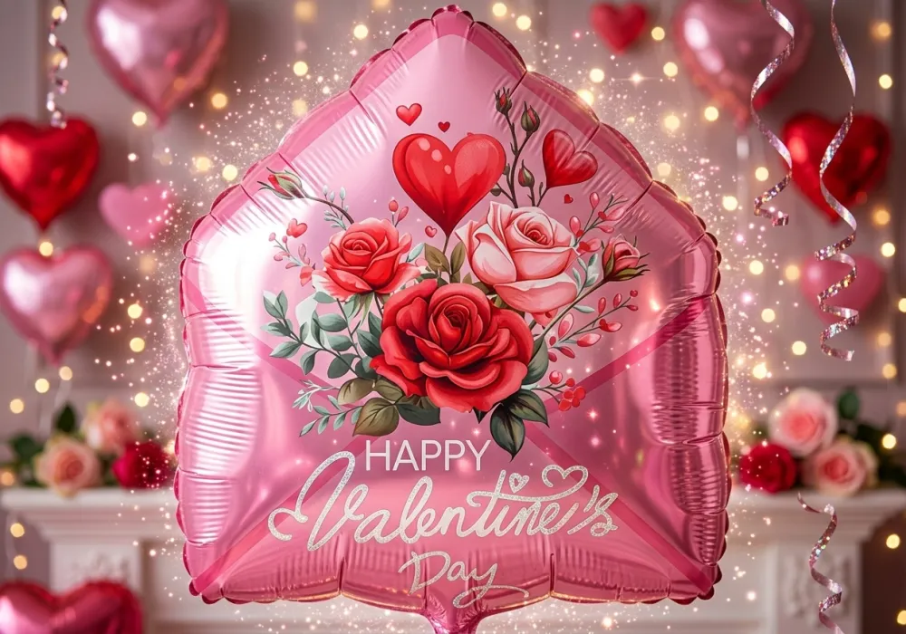 GLOBO METALICO (CON FORMA DE SOBRE CON UN RAMO DE ROSAS "HAPPY VALENTINE'S DAY"