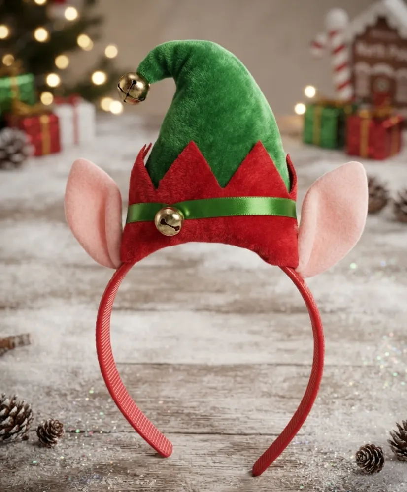 DIADEMA NAVIDEÑA DE TELA CON DISEÑO DE GORRO Y OREJAS DE DUENDE