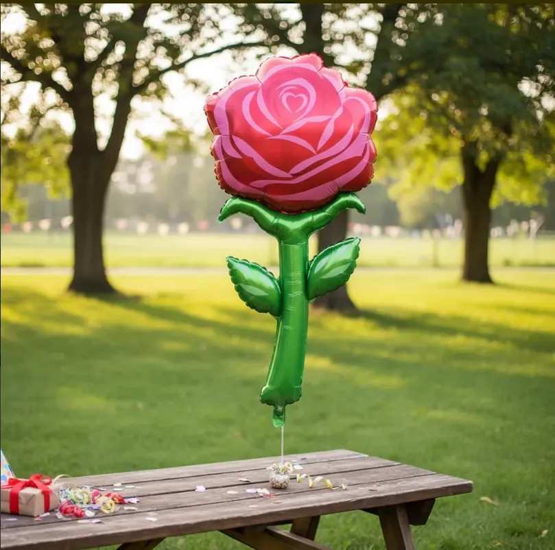 Foto 2 de GLOBO METALICO CON FORMA DE ROSA ROJA Y TALLO VERDE DE 63X134CM