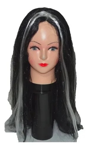 PELUCA LARGA LISA NEGRO CON MECHON BLANCO JF-305 