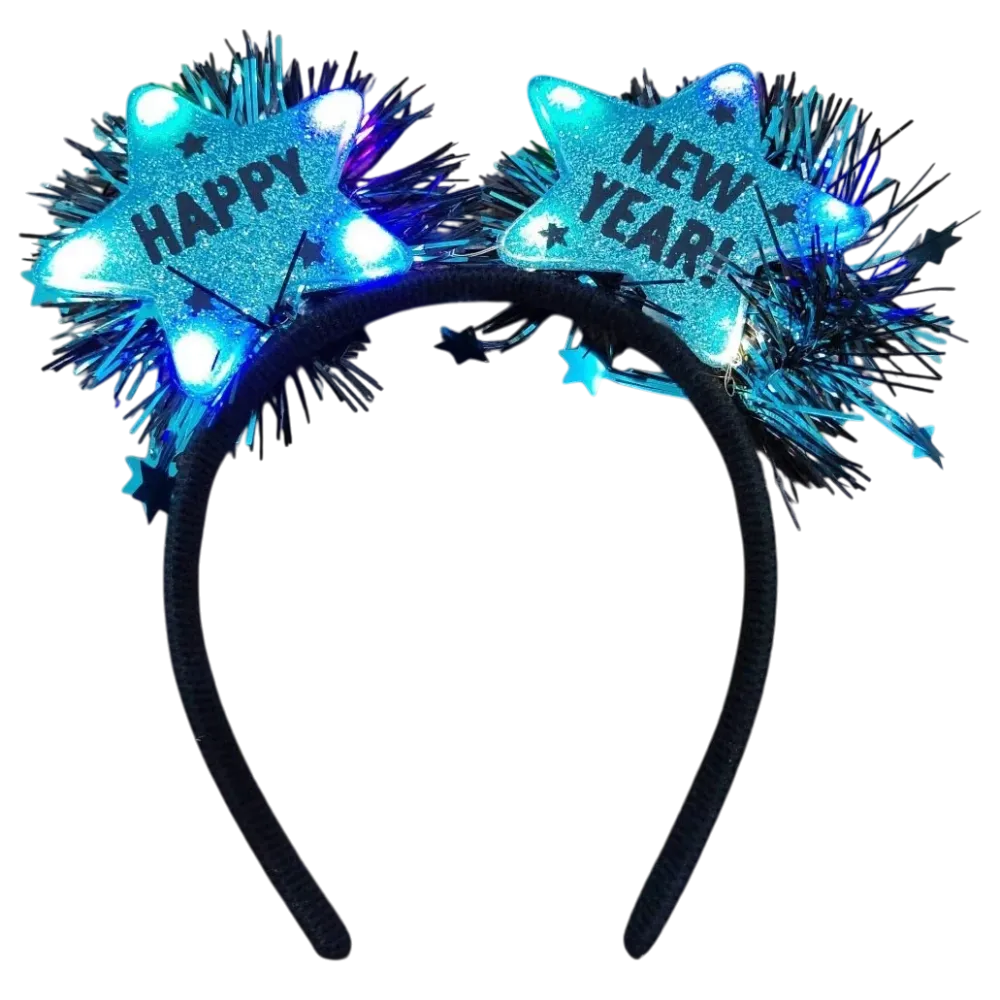 DIADEMA FELIZ AÑO NUEVO 2 ESTRELLA Y POMPONES CON LUZ PFM-248711