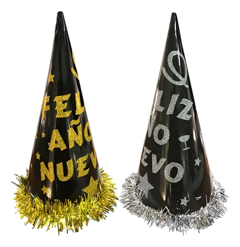 GORRO CONO HAPPY NEW YEAR NEGRO DORADO PLATA CON ESCARCHA PFM-169810ALTO  PFM-16988BAJO 1418 E-18 BT-1391 PFM-16985