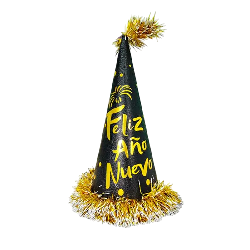 Foto 3 de GORRO CONO HAPPY NEW YEAR Y FELIZ AÑO NUEVO CON ESCARCHA Y ESTRELLITAS Y POMPONES PFM16987 PFM-16984 PFM-16989 PFM-16983 PFM-16982