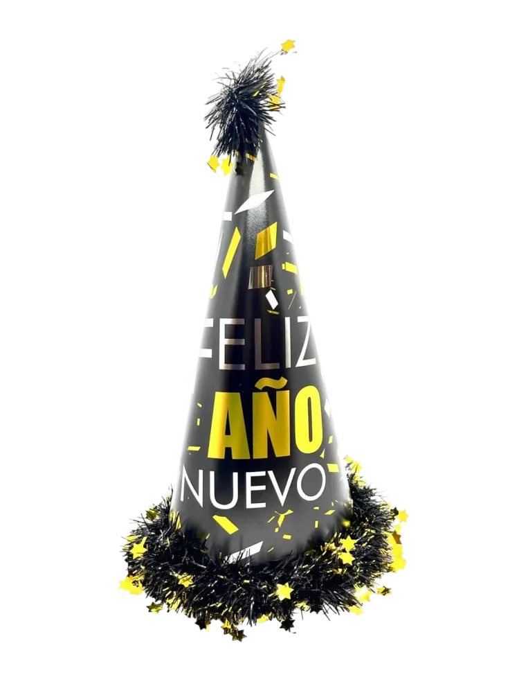 Foto 5 de GORRO CONO HAPPY NEW YEAR Y FELIZ AÑO NUEVO CON ESCARCHA Y ESTRELLITAS Y POMPONES PFM16987 PFM-16984 PFM-16989 PFM-16983 PFM-16982