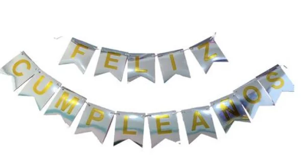 BANDERIN FELIZ CUMPLEAÑOS - PLATA METALICO 