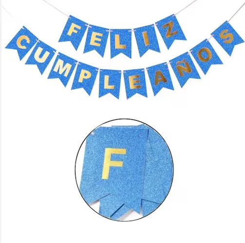 BANDERIN FELIZ CUMPLEAÑOS - AZUL CLARO- BRILLANTINA 