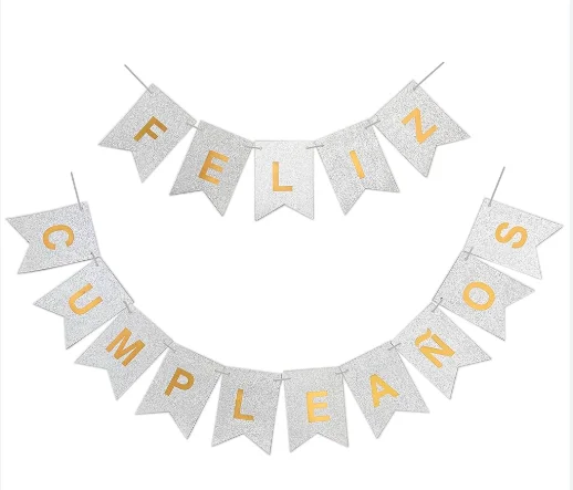 BANDERIN FELIZ CUMPLEAÑOS - PLATA BRILLANTINA 
