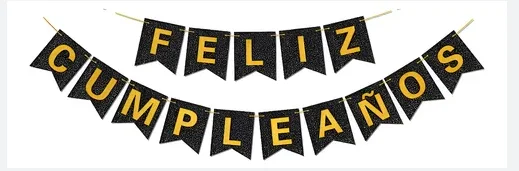BANDERIN FELIZ CUMPLEAÑOS - NEGRO BRILLANTINA 