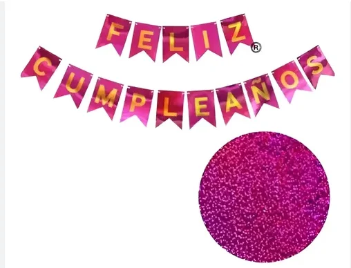 BANDERIN FELIZ CUMPLEAÑOS - ROSA FUCSIA CON BRILLO