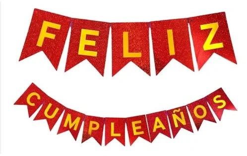 BANDERIN FELIZ CUMPLEAÑOS ROJO CON BRILLO