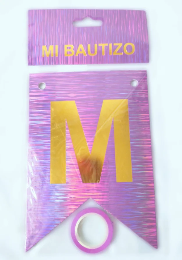 BANDERIN MI BAUTIZO ROSA CLARO HOLOGRAFICO