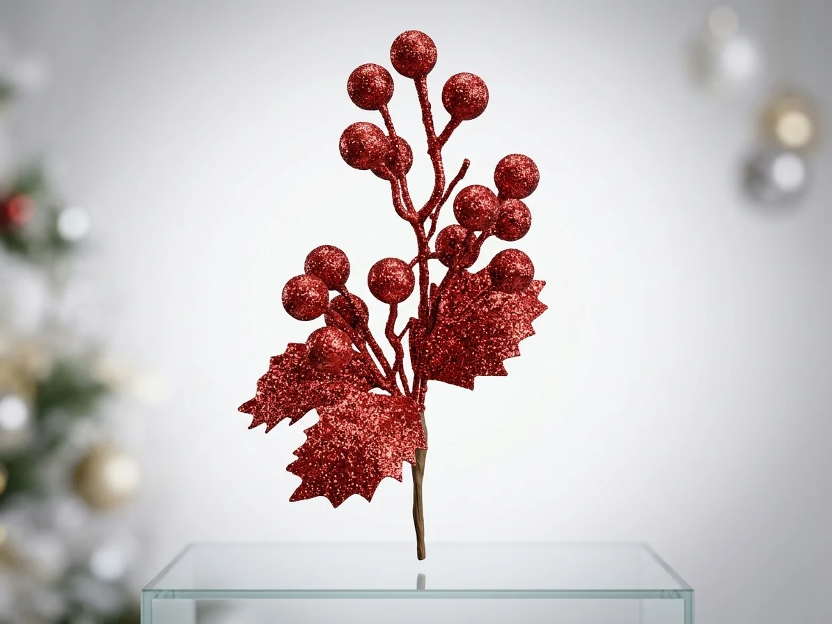 ADORNO NAVIDEÑO DE BAYAS Y HOJAS ROJAS DIAMANTADAS 32CM
