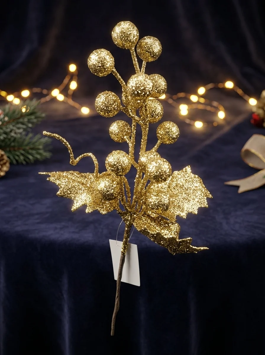 RACIMO DE BAYAS Y HOJAS ESTILO ACEBO NAVIDEÑO 32CM