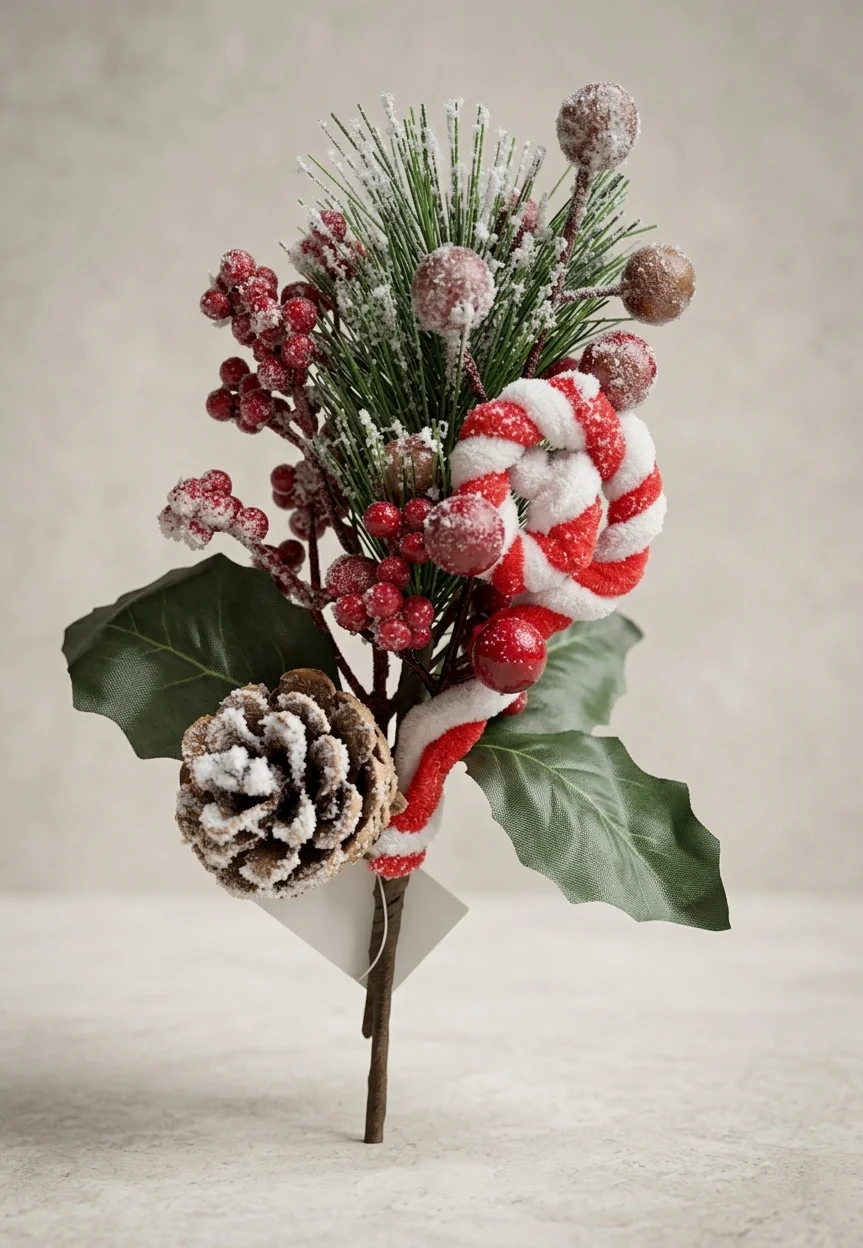 RAMA CON BAYAS PIÑA Y BASTON CARAMELO NAVIDEÑO 26CM