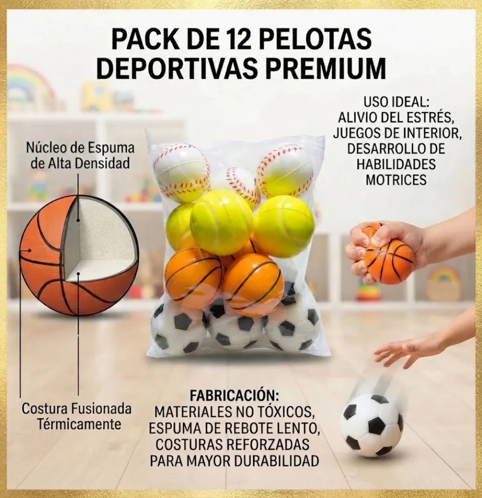  PACK DE 12 PELOTAS DEPORTIVAS DE ESPUMA SUAVE 