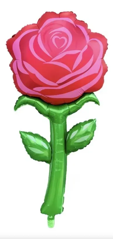GLOBO METALICO CON FORMA DE ROSA ROJA Y TALLO VERDE DE 63X134CM
