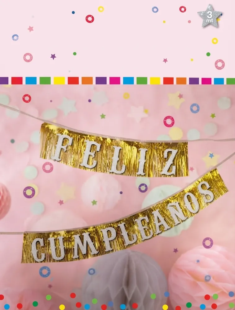 BANDERIN DE FLECOS METÁLICOS CON LETRAS DE "FELIZ CUMPLEAÑOS" EN ORO,PLATA,ROSA GLOD