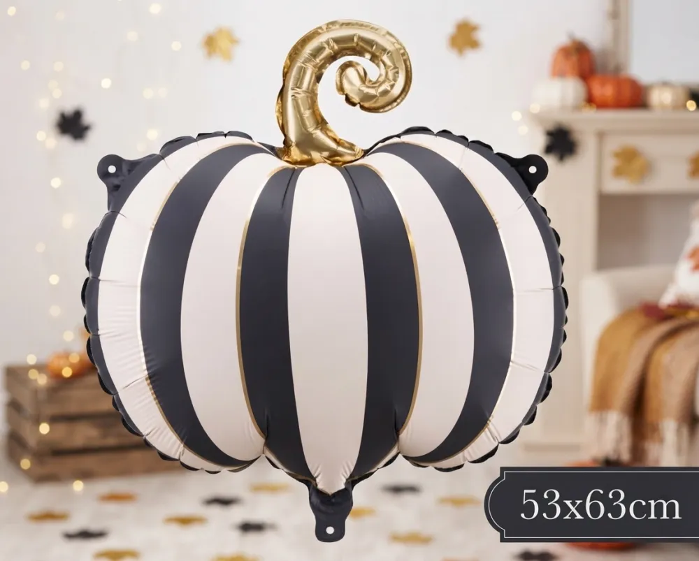 GLOBO METALICO EN FORMA DE CALABAZA CON RAYAS NEGRAS Y CREMA