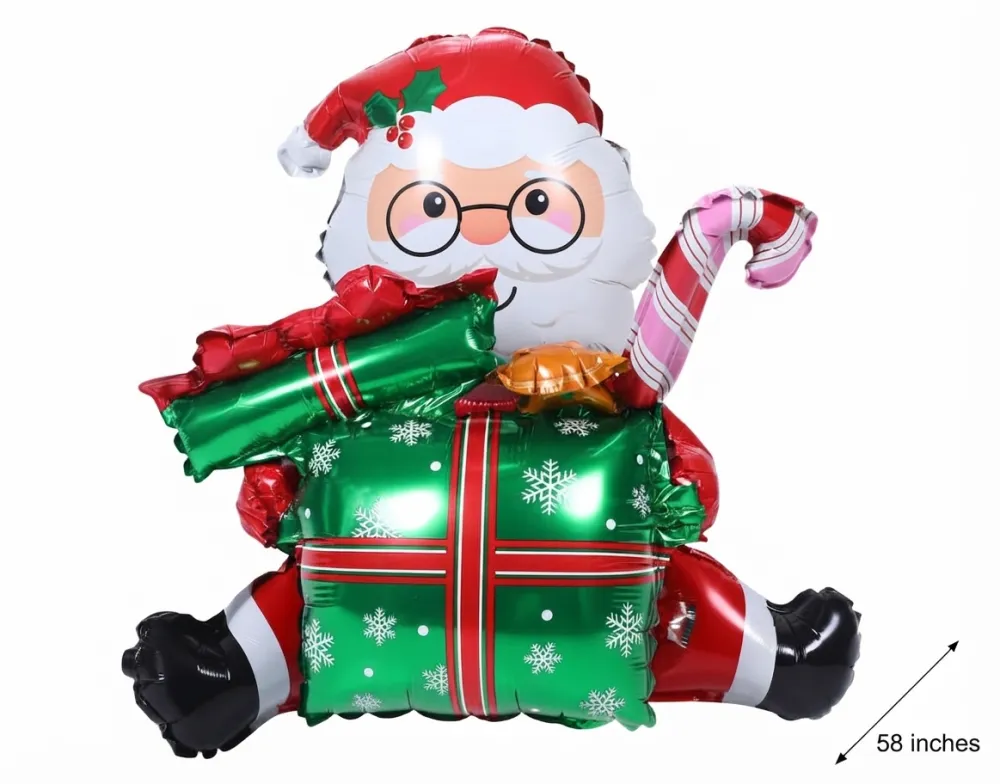 GLOBO METALICO CON DISEÑO NAVIDEÑO DE PAPA NOEL SENTADO SOBRE UNA CAJA DE REGALO VERDE
