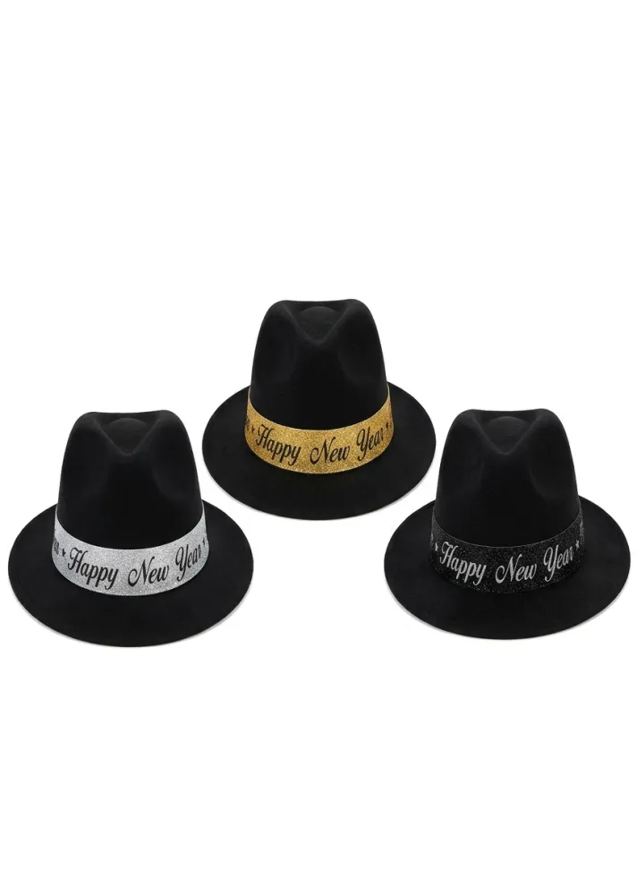 SOMBRERO GAMUZA HAPPY NEW YEAR DORADO-NEGRO-PLATEADO PFM-13251801