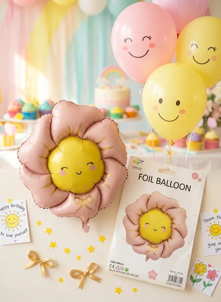 GLOBO METALICO CON FORMA DE FLOR SONRIENTE DE COLOR ROSA Y AMARILLO - 100X104CM