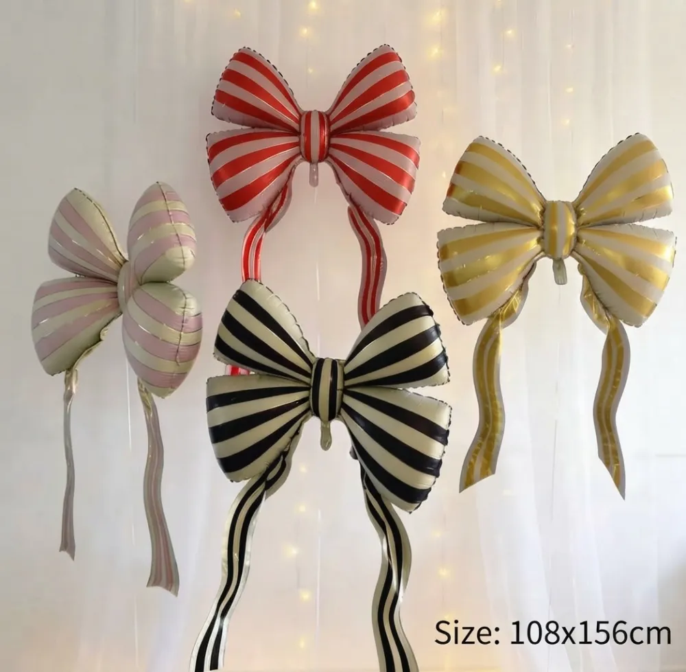GLOBOS METALICO CON DISEÑO DE MOÑOS O LAZOS ESTAMPADOS A RAYAS
